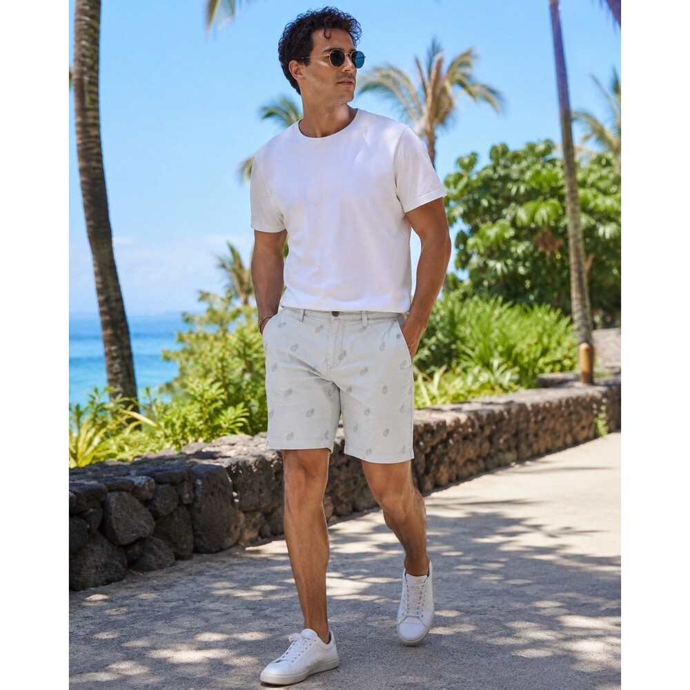 Men's Light Gray Pineapple Print Chino Shorts Casual Summer Flat Front Shorts...